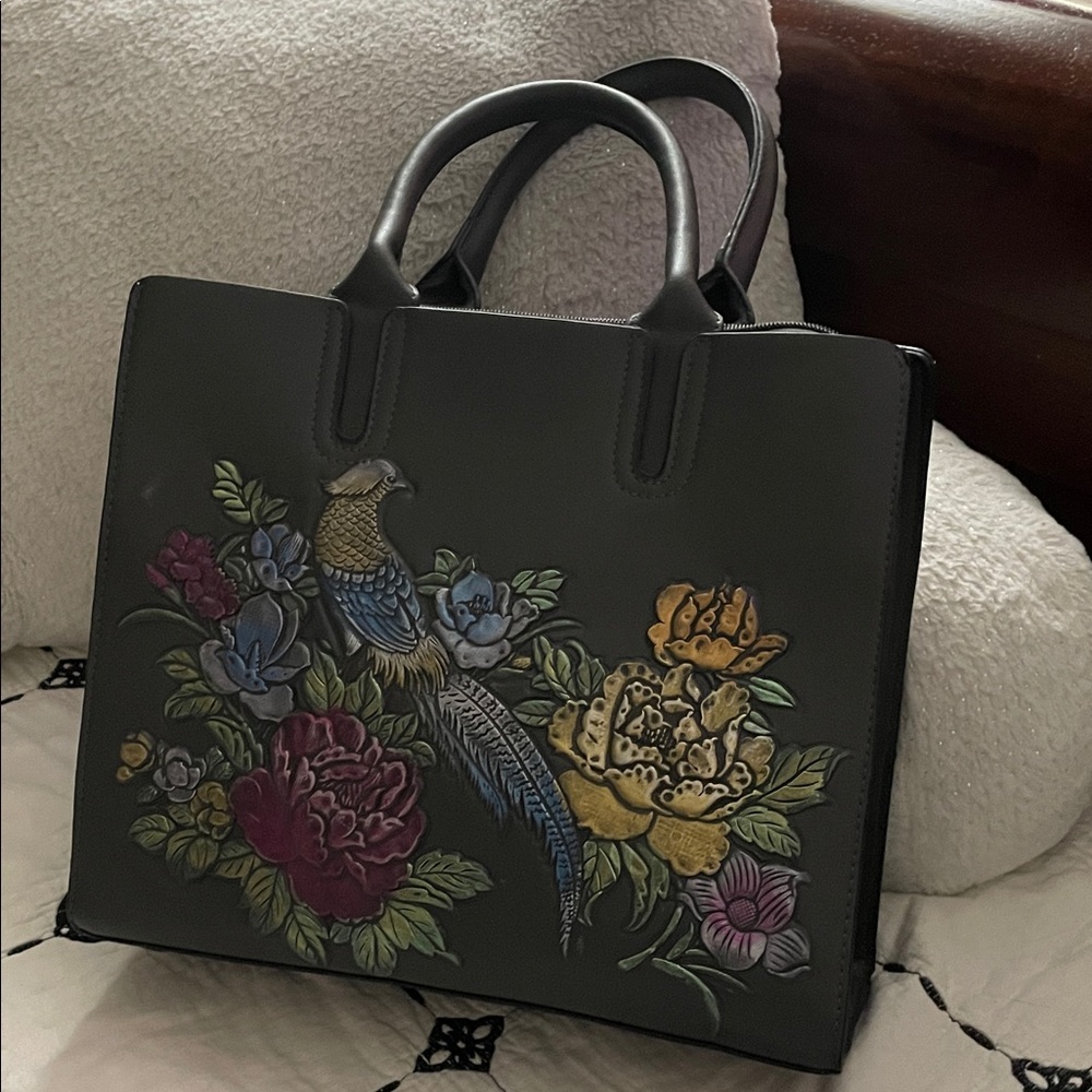 Elegant Black Tote with Floral and Birds